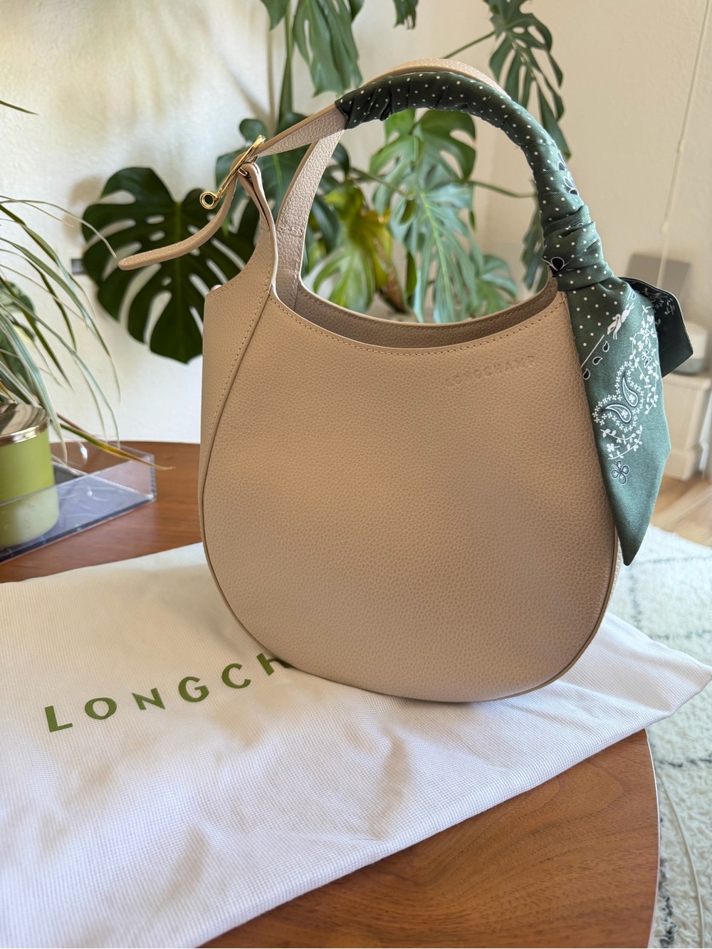 Longchamp Leather Le Foulonné Bag in Cream with Green Scarf